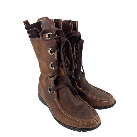 Cole Haan Mardi Brown Distress Leather Waterproof High Boots Lace Up 5.5 B - Picture 1 of 7